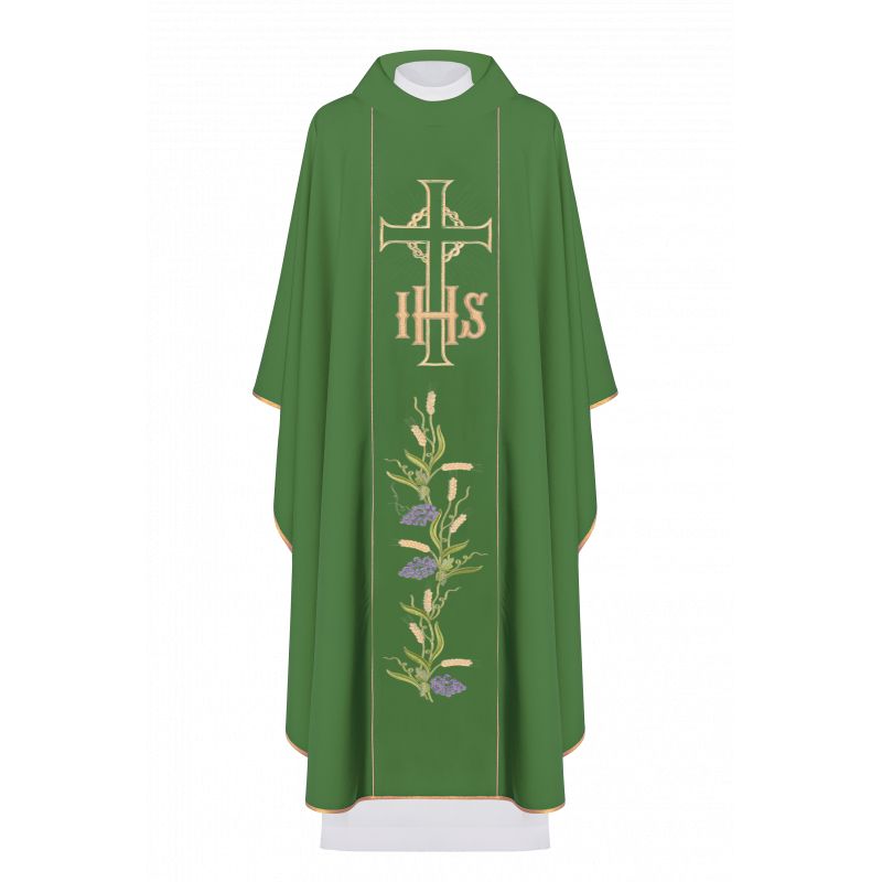 Ornat haftowany z symbolem IHS, Krzyża i winogron - zielony (H108)