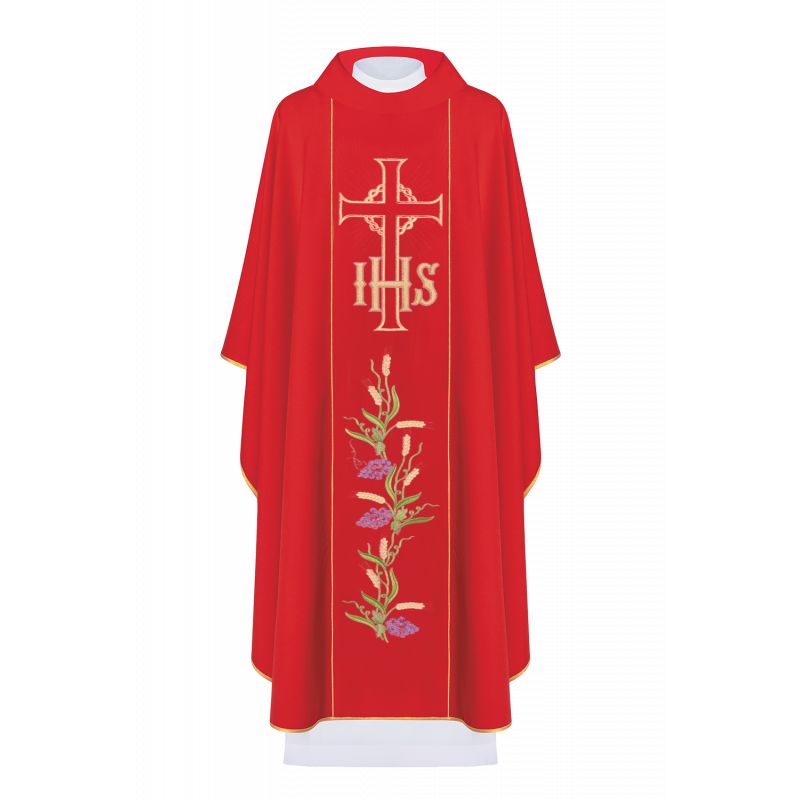 Ornat haftowany z symbolem IHS, Krzyża i winogron - czerwony (H109)