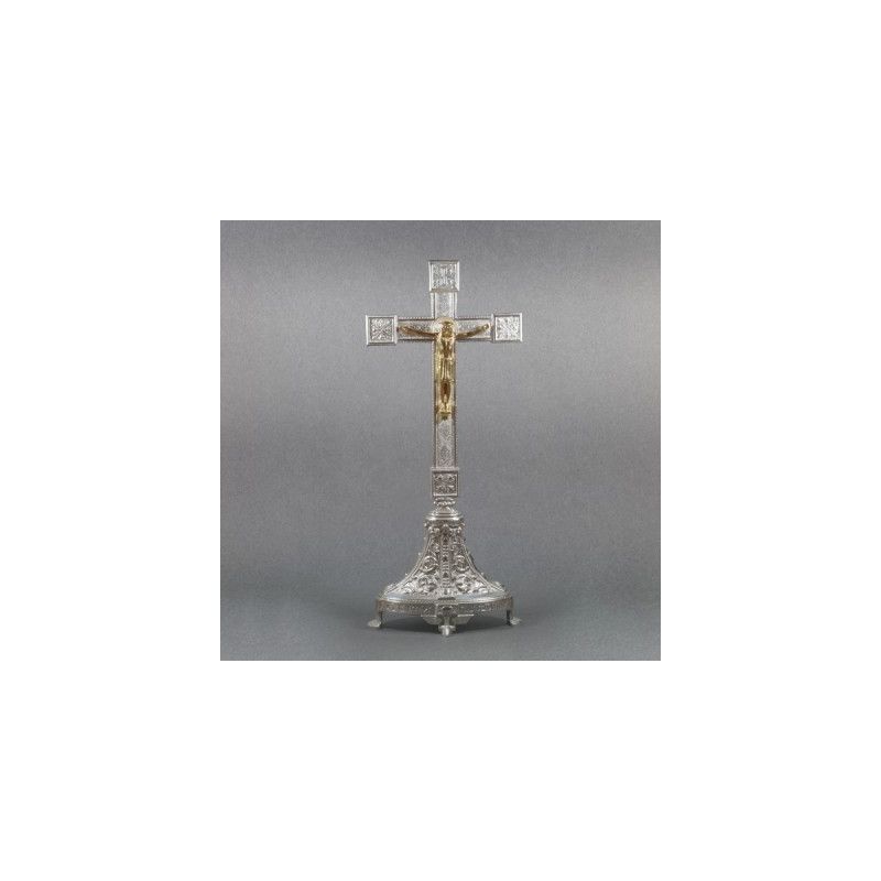 Krzyż ołtarzowy, mosiężny - srebrzony, stojący wys. 53 cm