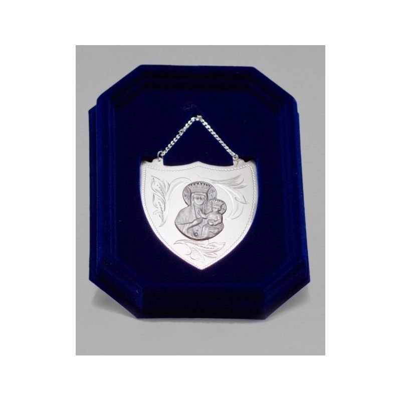 Ryngraf srebrny z wizerunkiem Matki Bożej Częstochowskiej - 7 cm.