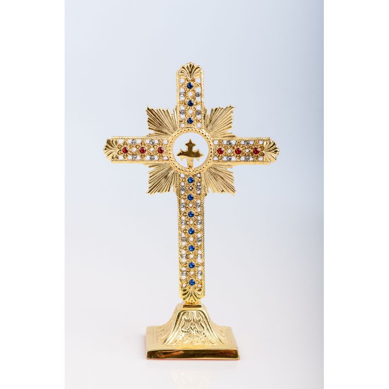 Krzyż stojący nowoczesny, mosiężny, pozłacany - 25 cm