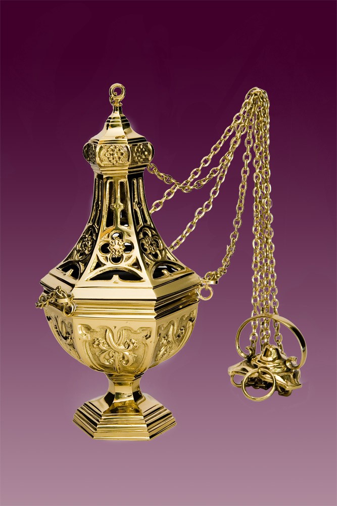 Trybularz - kadzielnica, gotycka, mosiądz błyszczący, wys. 26 cm. - TRYBULARZE, ŁÓDKI - Nowość