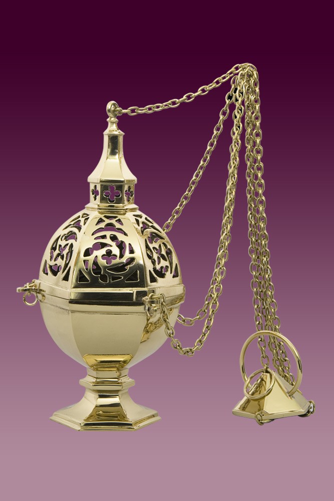 Trybularz - kadzielnica, neogotycka, mosiądz błyszczący, wys. 25 cm. - TRYBULARZE, ŁÓDKI - Nowość