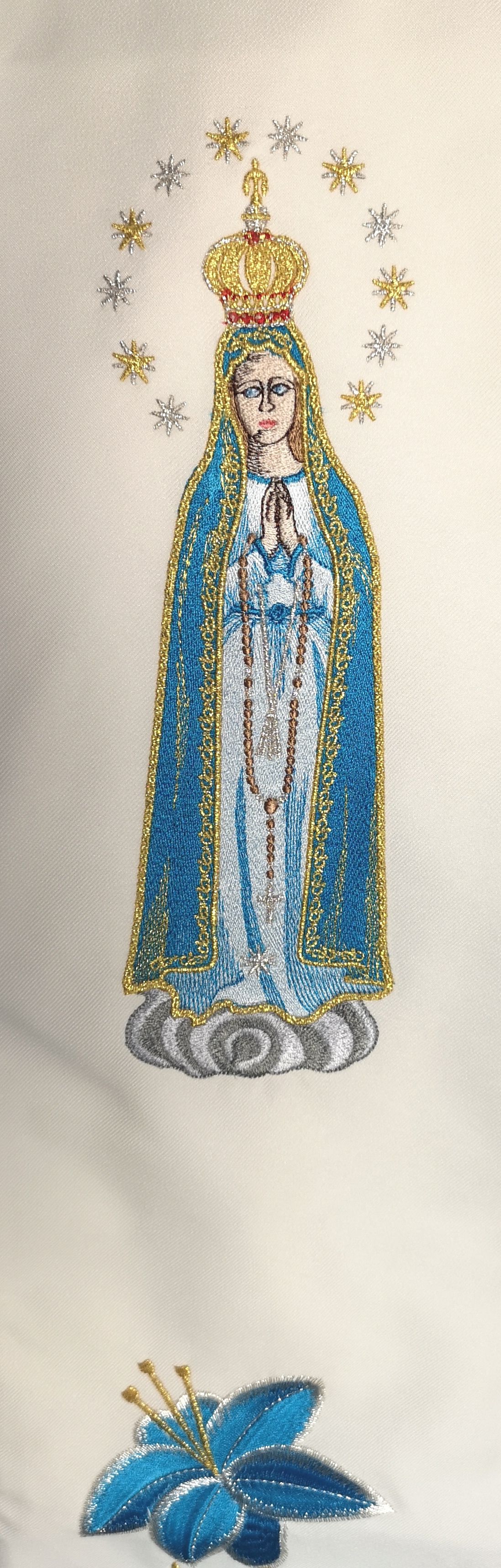 Stuła haftowana Matka Boża Fatimska - Z POSTACIAMI - zdjęcie 2 - Stuła haftowana Matka Boża Fatimska