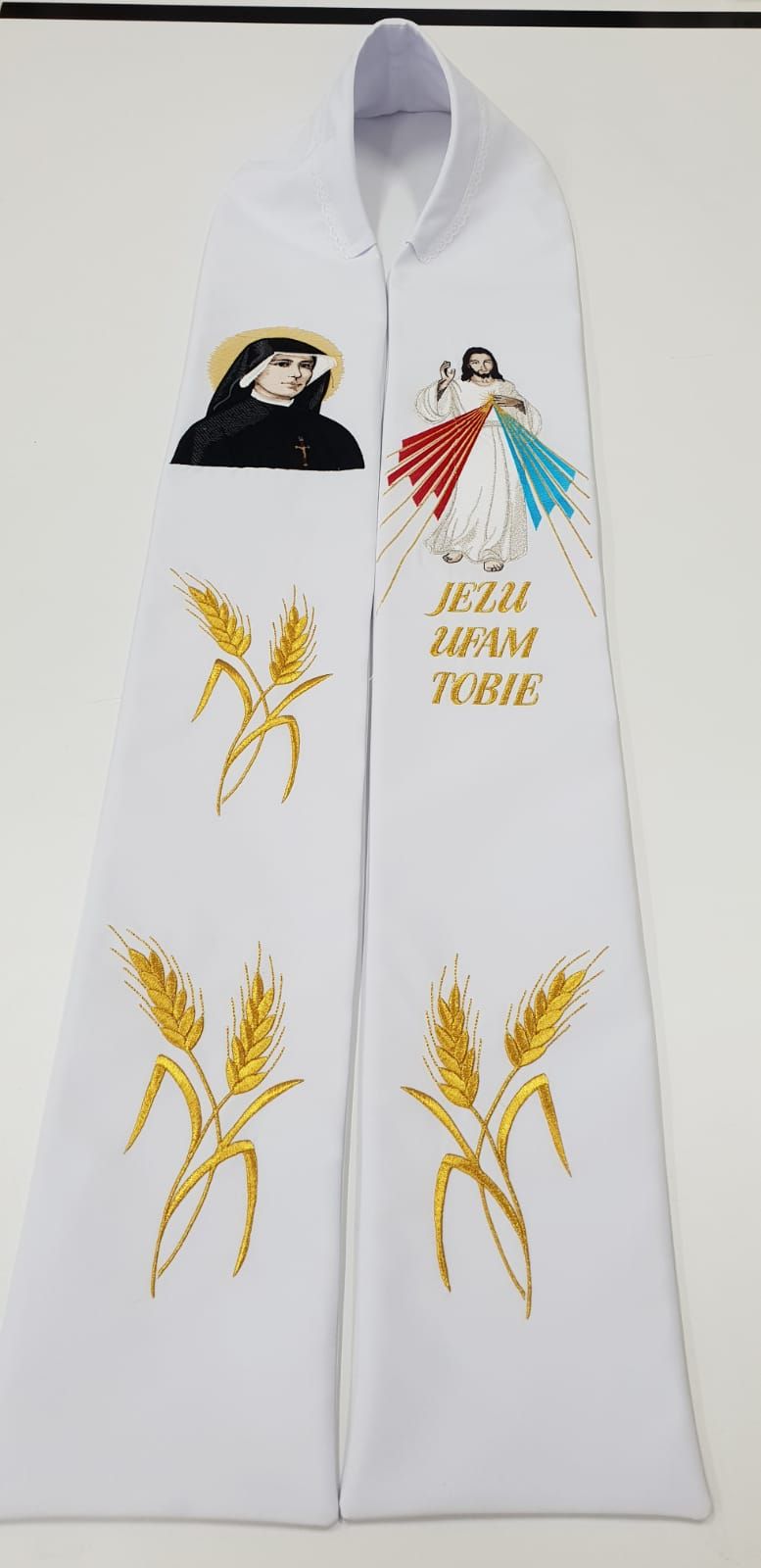 Stuła haftowana  Jezus Miłosierny, Święta Faustyna - Z POSTACIAMI - zdjęcie 2 - Stuła haftowana  Jezus Miłosierny, Święta Faustyna