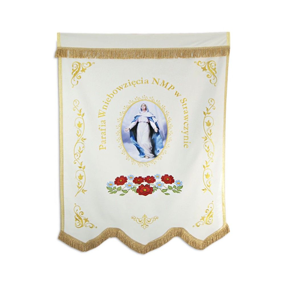 Chorągiew drukowana (Matka Boża, Św. Józef) + haftowane napisy, ornamenty - CHORĄGWIE, SZTANDARY - zdjęcie 2 - Chorągiew drukowana (Matka Boża, Św. Józef) + haftowane napisy, ornamenty