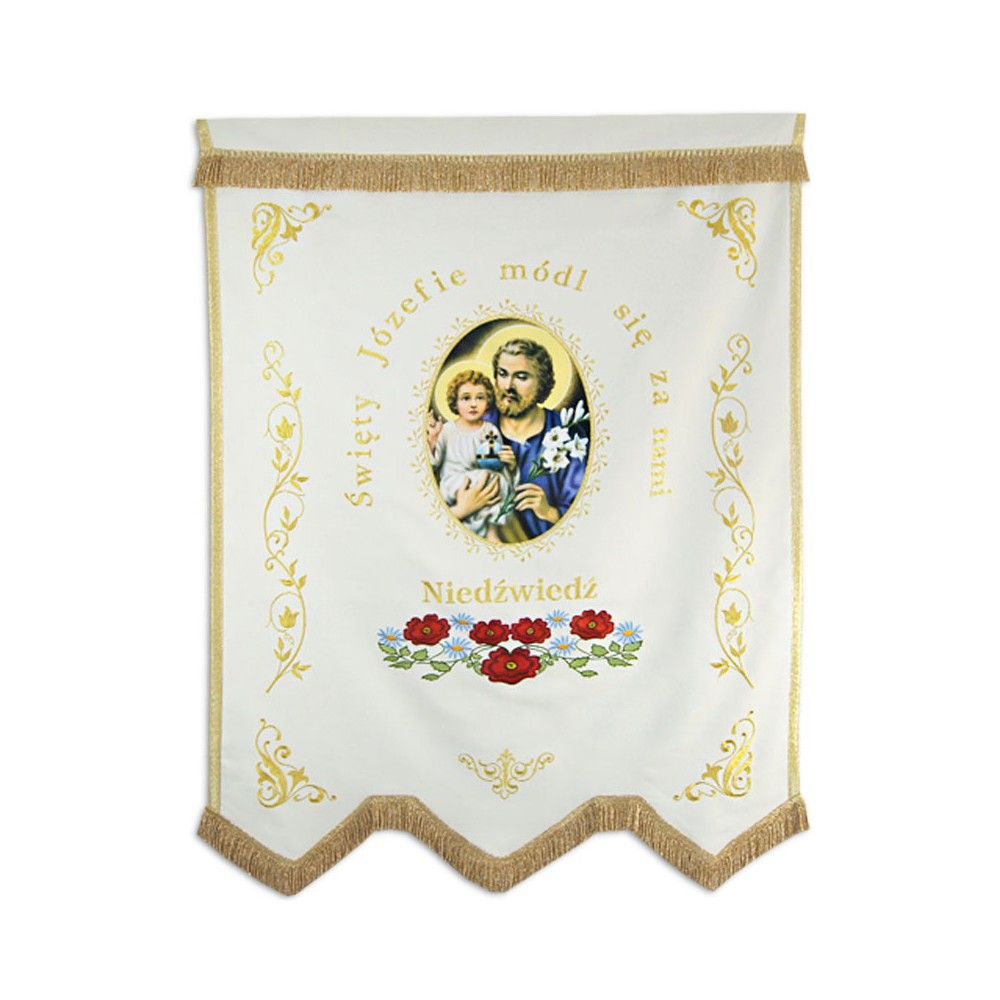 Chorągiew drukowana (Matka Boża, Św. Józef) + haftowane napisy, ornamenty - CHORĄGWIE, SZTANDARY - zdjęcie 3 - Chorągiew drukowana (Matka Boża, Św. Józef) + haftowane napisy, ornamenty