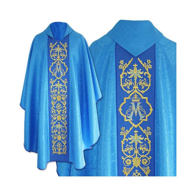 Ornat Maryjny gotycki, niebieski żakard - Ornaty Maryjne - Ornat Maryjny gotycki, niebieski żakard