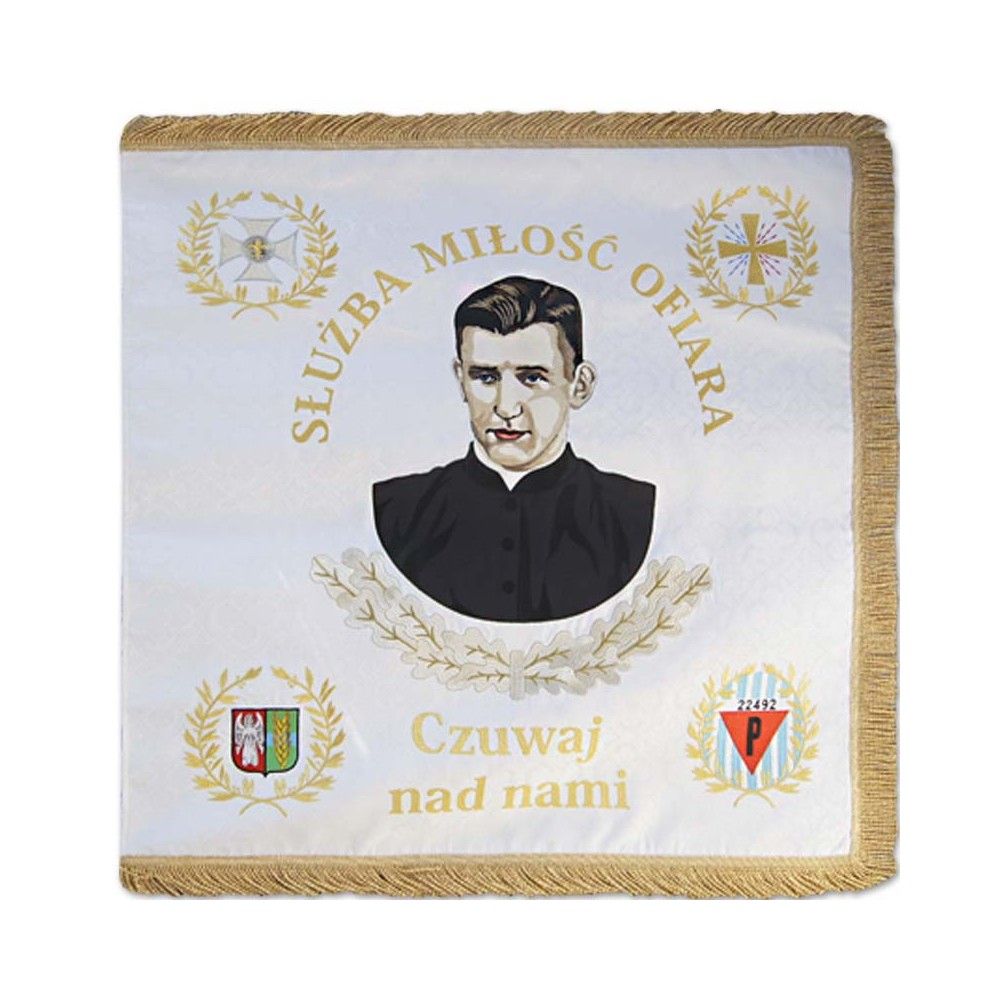 Sztandar z frędzlami i haftem (wzór przykładowy) - CHORĄGWIE, SZTANDARY - Nowość