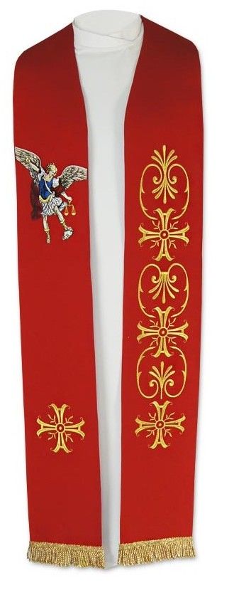 Stuła haftowana czerwona Michał Archanioł - Z POSTACIAMI - Nowość