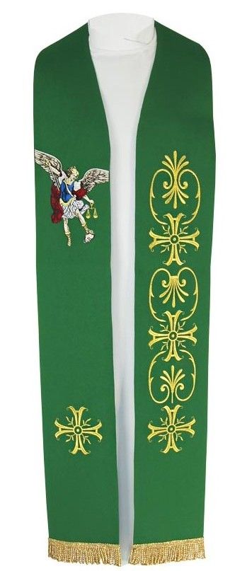 Stuła haftowana zielona Michał Archanioł - Z POSTACIAMI - Nowość