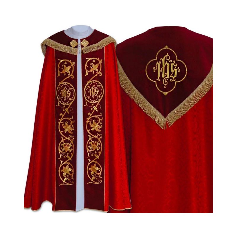 Kapa czerwona haftowana IHS - aksamitne pasy (79) - KAPY LITURGICZNE - Kapa czerwona haftowana IHS - aksamitne pasy (79)