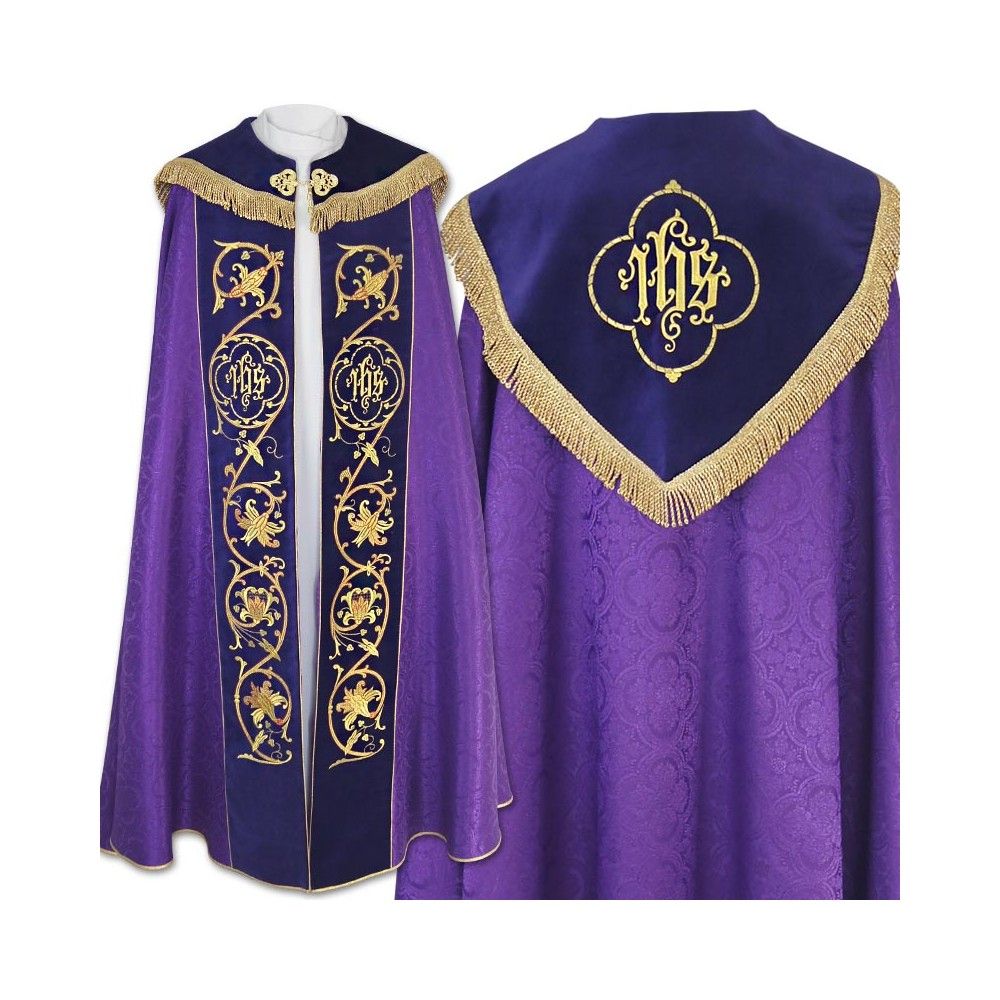 Kapa fioletowa haftowana IHS - aksamitne pasy (80) - KAPY LITURGICZNE - Nowość