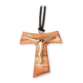 Krzyż TAU z pasyjką i rzemykiem - 4 cm - KRZYŻE, KRZYŻYKI