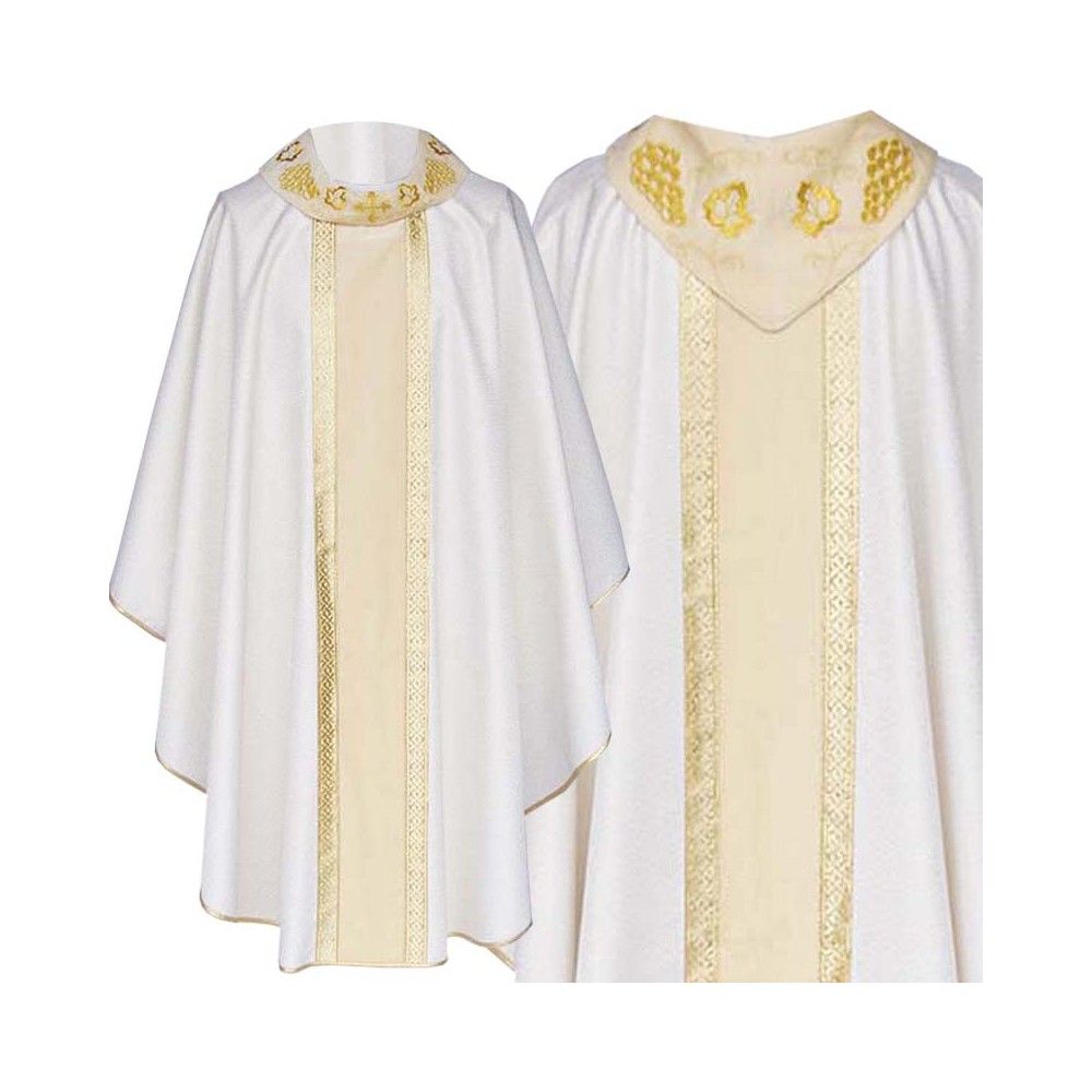 Ornat gotycki brokatowy, haftowany kołnierz, jasny pas (49) - Ornaty białe/ ecru - Nowość