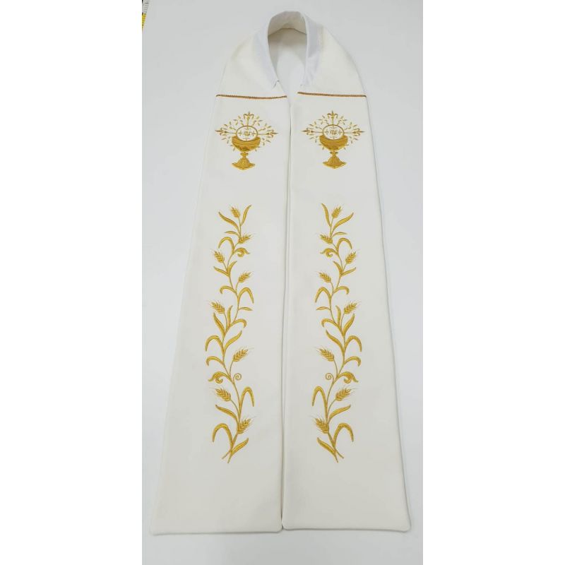 Stuła kapłańska ecru haftowana - kłosy, kielich (1) - EUCHARYSTYCZNE - Stuła kapłańska ecru haftowana - kłosy, kielich (1)