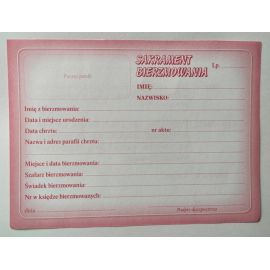 Zaświadczenie – sakrament bierzmowania -50 szt./opakowanie - BIURO PARAFIALNE