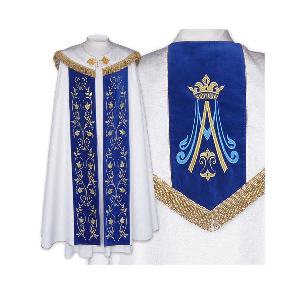 Kapa srebrna wzór Maryjny - niebieskie pasy (16) - KAPY LITURGICZNE - Nowość