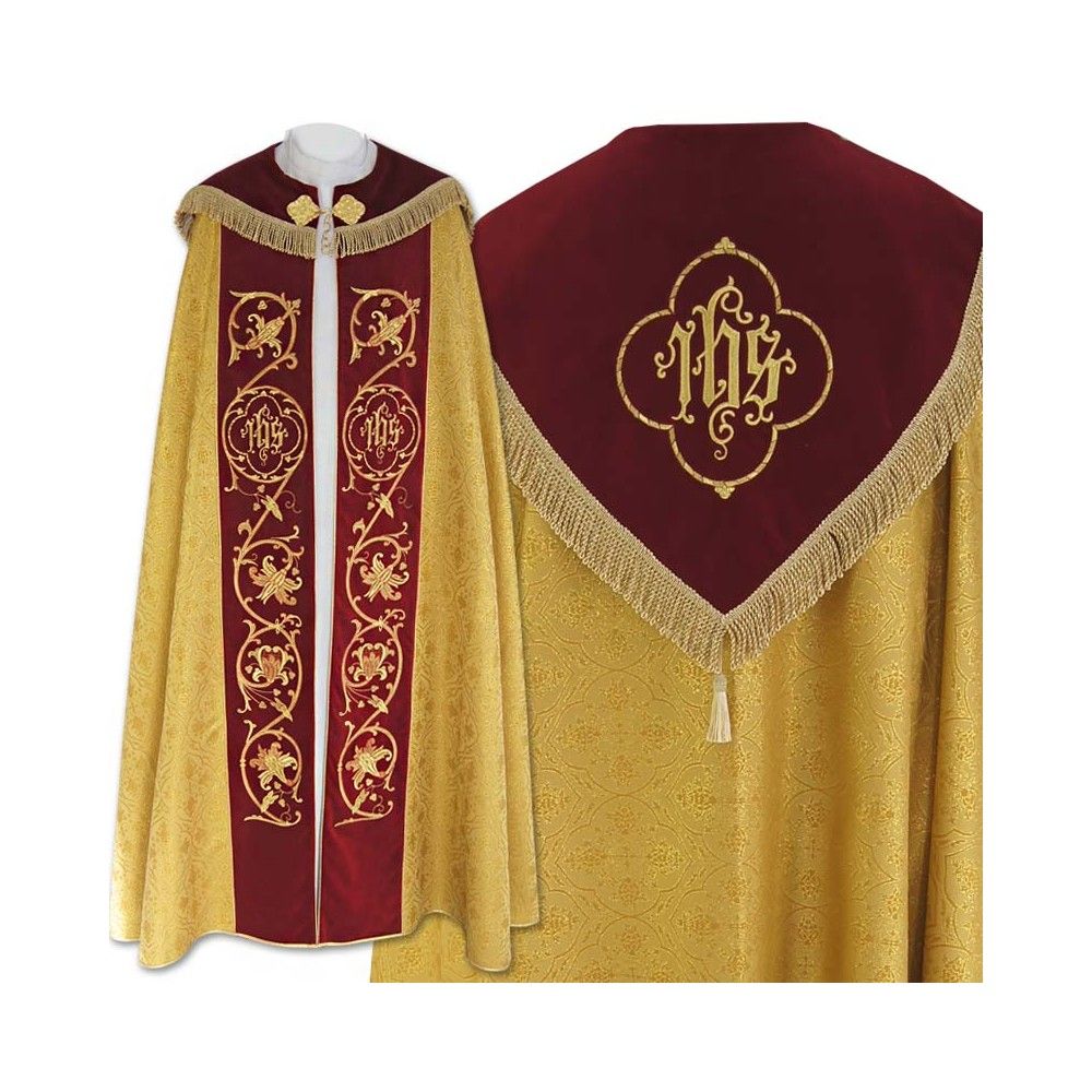 Kapa  złota wzór gotycki - tkanina żakard, aksamitne pasy (18) - KAPY LITURGICZNE - zdjęcie 4 - Kapa  czerwona wzór gotycki - tkanina żakard, aksamitne pasy (18)