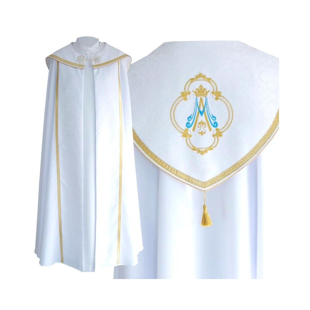 Kapa biała wzór Maryjny - tkanina gabardyna (24) - KAPY LITURGICZNE - Nowość