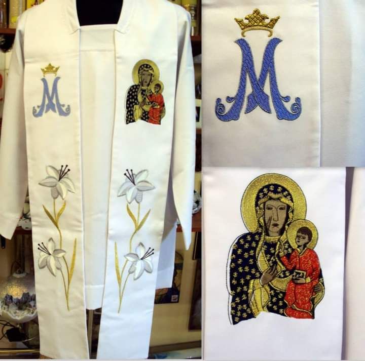 Stuła haftowana Matka Boża Częstochowska (M) - Z POSTACIAMI - Nowość