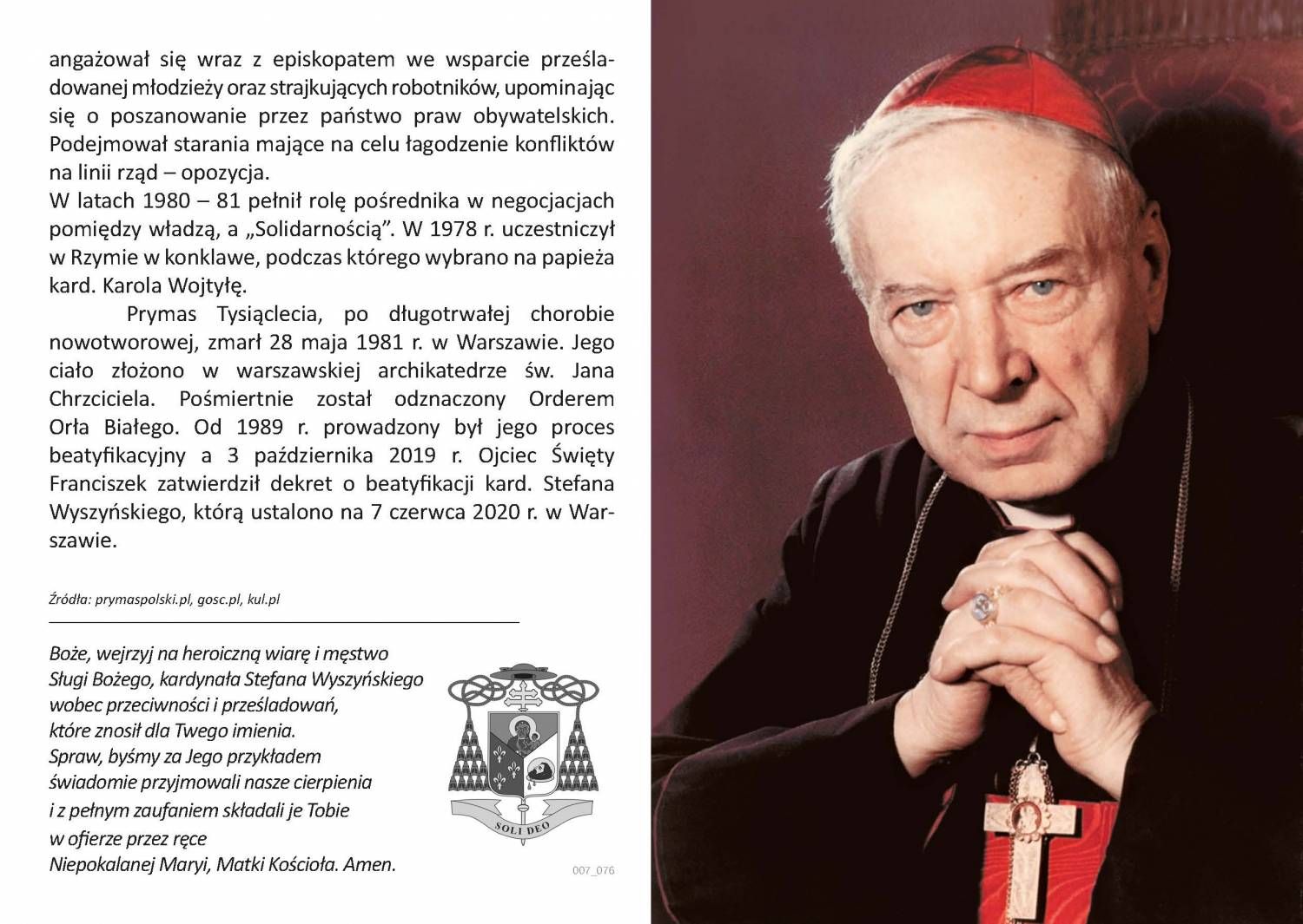 Folder rozkładany — Kardynał Stefan Wyszyński - Folder religijny - Nowość