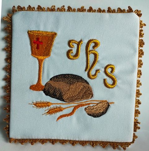 Palka haftowana złoty IHS, chleb, kielich (33) - kolor biały, srebrny - Nowość