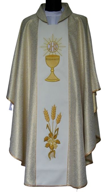 Ornat haftowany komunijny, haft wypukły - kielich, kłosy - Ornaty haftowane - Nowość
