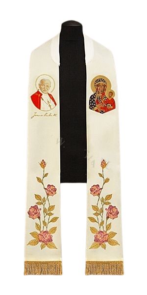 Stuła haftowana Jan Paweł II i MB Częstochowska (30) - Z POSTACIAMI - Nowość