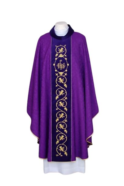 Ornat fioletowy haftowany, tkanina adamaszek - IHS (21) - ORNATY NA WIELKI POST - Nowość