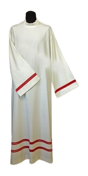 Alba kapłańska lniana - czerwona wstawka - KOMŻE I ALBY  KAPŁAŃSKIE - Nowość