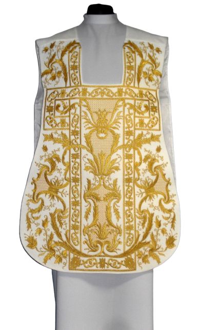 Ornat rzymski biały haftowany motyw eucharystyczny, aksamit (73) - Ornaty rzymskie - zdjęcie 2 - Ornat rzymski biały haftowany motyw eucharystyczny, aksamit (73)