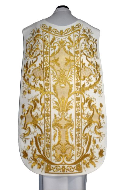 Ornat rzymski biały haftowany motyw eucharystyczny, aksamit (73) - Ornaty rzymskie - Ornat rzymski biały haftowany motyw eucharystyczny, aksamit (73)