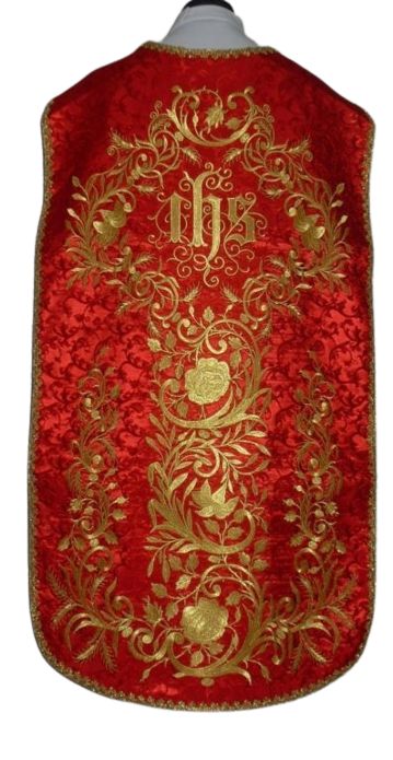 Ornat rzymski czerwony haftowany IHS (72) - Ornaty rzymskie - Nowość