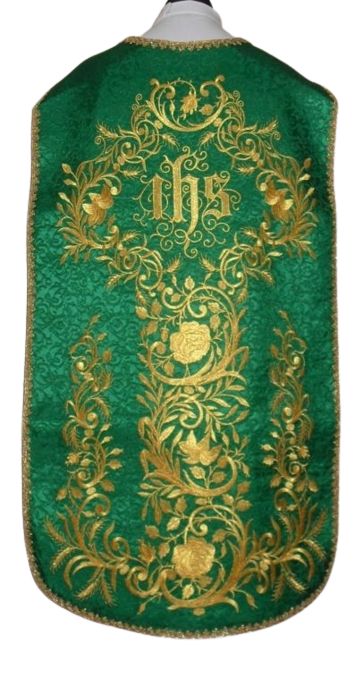 Ornat rzymski zielony haftowany IHS (71) - Ornaty rzymskie - Nowość