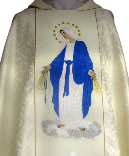 Ornat haftowany rozeta, pas ecru - MB Różańcowa - Ornaty Maryjne - zdjęcie 3 - Ornat haftowany, pas ecru - MB Różańcowa
