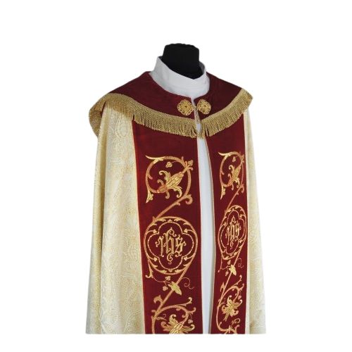 Kapa  złota wzór gotycki - tkanina żakard, aksamitne pasy (18) - KAPY LITURGICZNE - zdjęcie 2 - Kapa  czerwona wzór gotycki - tkanina żakard, aksamitne pasy (18)