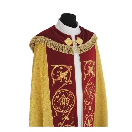 Kapa  złota wzór gotycki - tkanina żakard, aksamitne pasy (18) - KAPY LITURGICZNE - zdjęcie 6 - Kapa  czerwona wzór gotycki - tkanina żakard, aksamitne pasy (18)