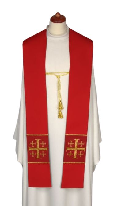 Stuła dwustronna złoto/czerwona z ozdobnym sznurkiem (23) - EUCHARYSTYCZNE