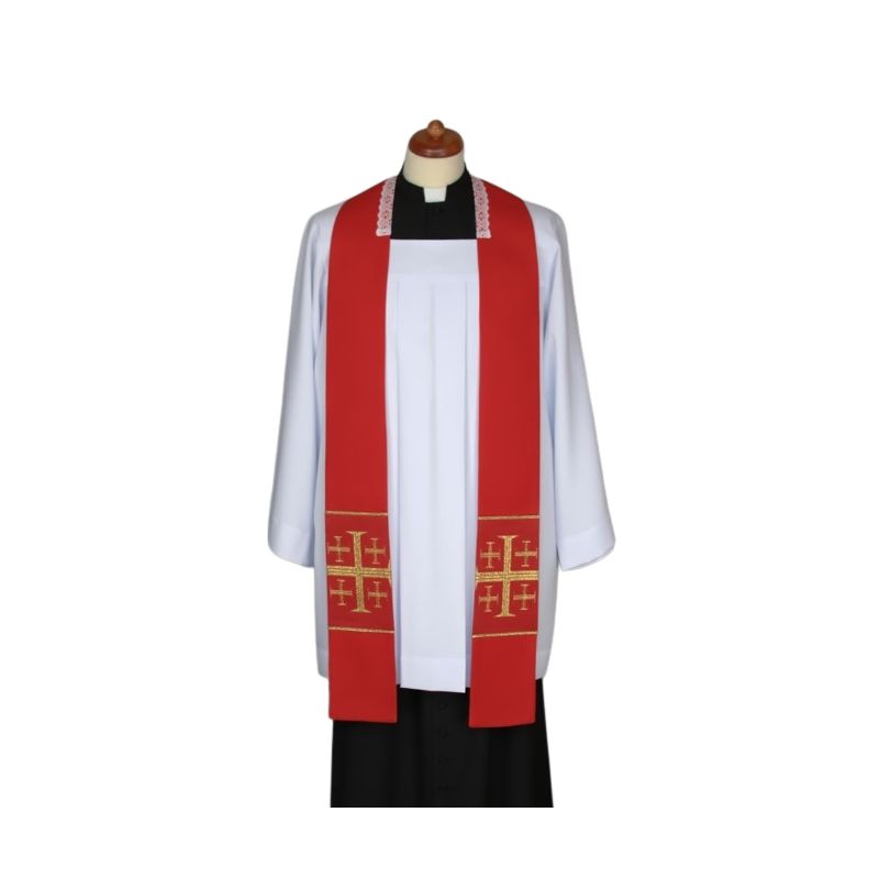 Stuła czerwona do kazań, krótka, naszywane krzyże (4) - EUCHARYSTYCZNE - Stuła czerwona do kazań, krótka, naszywane krzyże (4)