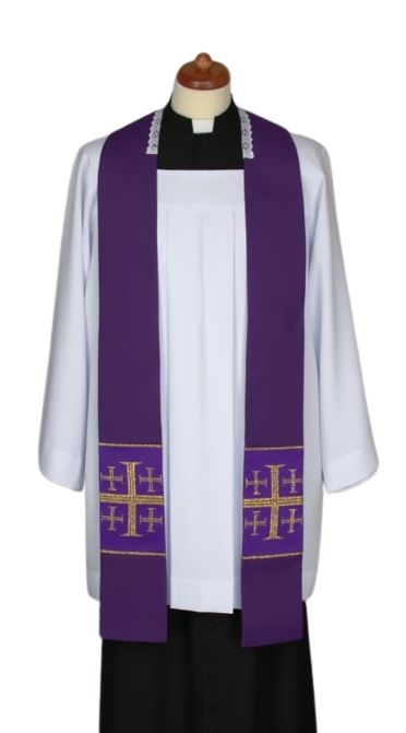 Stuła fioletowa do kazań, krótka, naszywane krzyże (6) - STUŁY NA WIELKI POST - Nowość