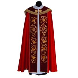 Kapa czerwona haftowana IHS - aksamitne pasy (79) - KAPY LITURGICZNE - zdjęcie 2 - Kapa czerwona haftowana IHS - aksamitne pasy (79)