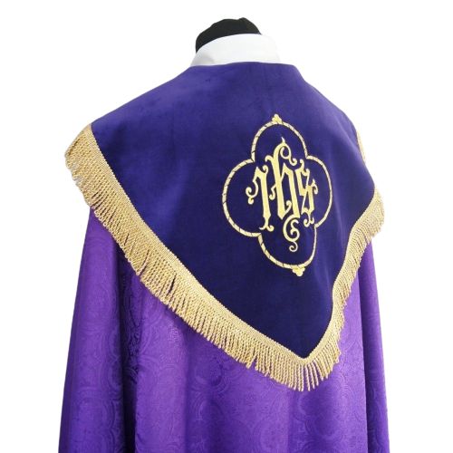 Kapa fioletowa haftowana IHS - aksamitne pasy (80) - KAPY LITURGICZNE - zdjęcie 3 - Kapa fioletowa haftowana IHS - aksamitne pasy (80)