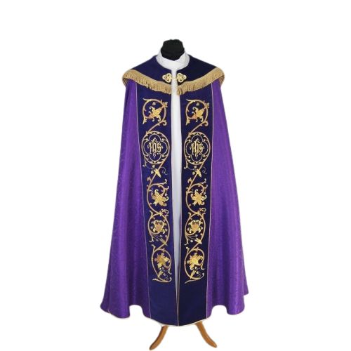 Kapa fioletowa haftowana IHS - aksamitne pasy (80) - KAPY LITURGICZNE - zdjęcie 2 - Kapa fioletowa haftowana IHS - aksamitne pasy (80)