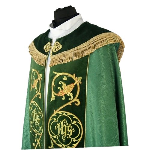 Kapa zielona haftowana IHS - aksamitne pasy (81) - KAPY LITURGICZNE - zdjęcie 2 - Kapa zielona haftowana IHS - aksamitne pasy (81)