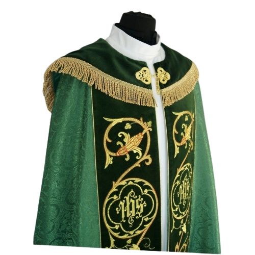 Kapa zielona haftowana IHS - aksamitne pasy (81) - KAPY LITURGICZNE - zdjęcie 3 - Kapa zielona haftowana IHS - aksamitne pasy (81)