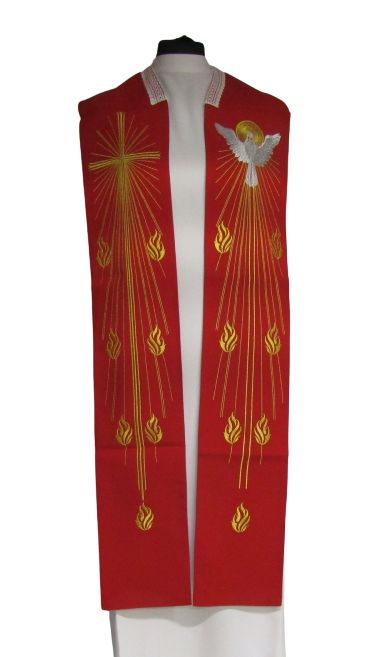 Stuła z Duchem Świętym - czerwona haftowana - Z POSTACIAMI - Nowość