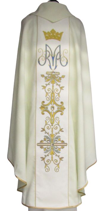 Ornat haftowany Matka Boża Kościoła - materiał gładki ecru - Ornaty Maryjne - zdjęcie 2 - Ornat haftowany Matka Boża Kościoła - materiał gładki ecru