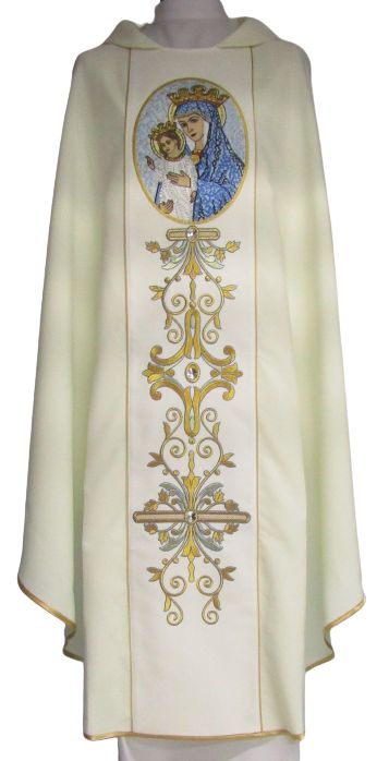 Ornat haftowany Matka Boża Kościoła - materiał gładki ecru - Ornaty Maryjne - Nowość