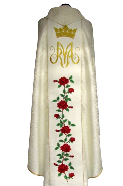 Ornat haftowany Niepokalane Serce Maryi Panny - materiał rozeta ecru - Ornaty Maryjne - zdjęcie 2 - Ornat haftowany Niepokalane Serce Maryi Panny - materiał rozeta ecru